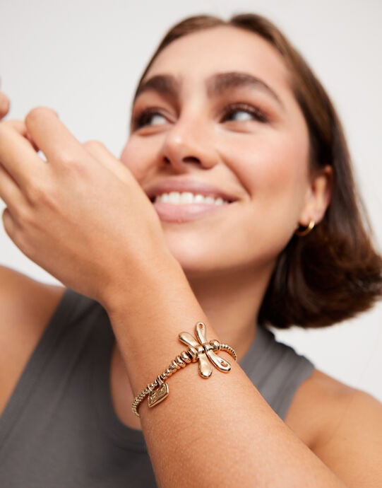 Pulsera elastica con lib&eacute;lula ba&ntilde;ada en oro de 18k, Dorado, large